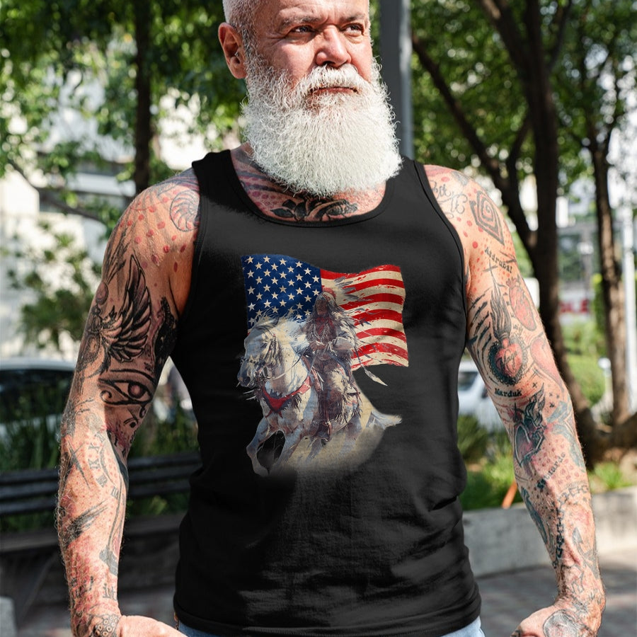 Native American T-Shirts, Vintage Native American Unisex T-Shirt/Hoodie/Sweatshirt HLT00 - Native American Day Flag Indian Riding Horse 4th of July T-Shirt (1)