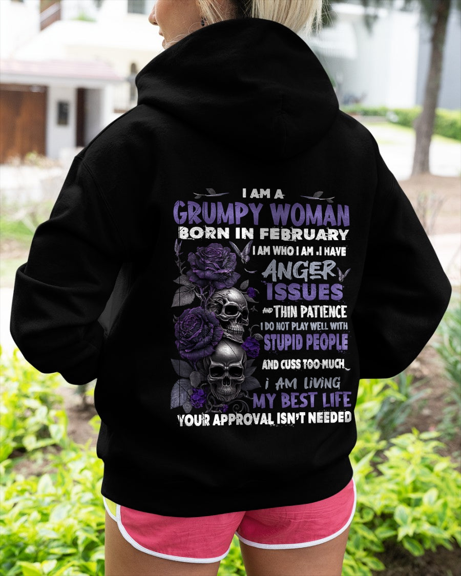 Grumpy Woman Born in February T-Shirt – Funny Skull & Rose Graphic Tee with Quotes - ccdi02 FMA (SKU10-08-02)