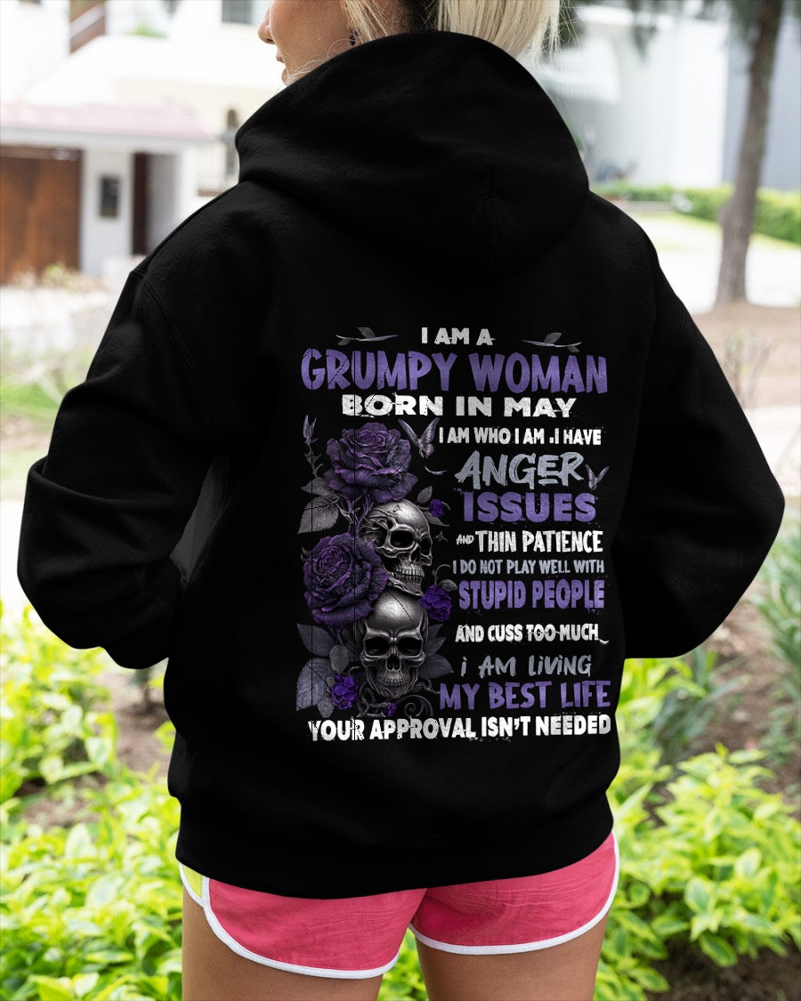 Grumpy Woman Born in May T-Shirt – Funny Skull & Rose Graphic Tee with Quotes - ccdi05 FMA (SKU10-08-05)