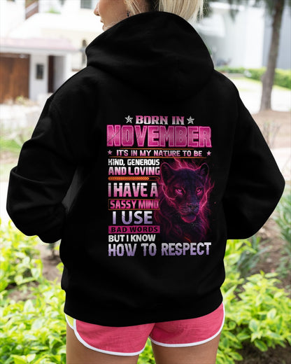 Born in November T-Shirt – Sassy Mind, Respect Quote Panther Design - FMA ccdi11 (SKU09-24-11)