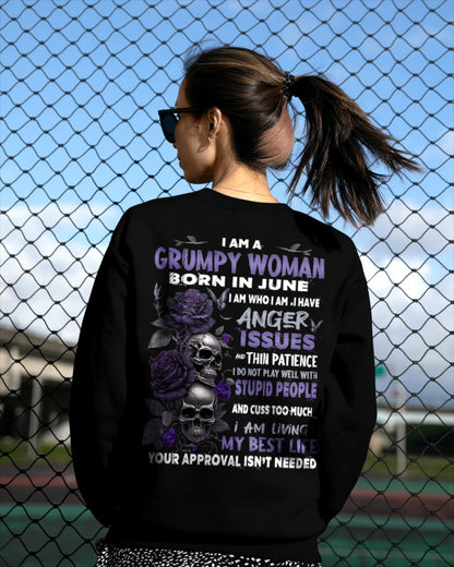 Grumpy Woman Born in June T-Shirt – Funny Skull & Rose Graphic Tee with Quotes - ccdi06 FMA (SKU10-08-06)