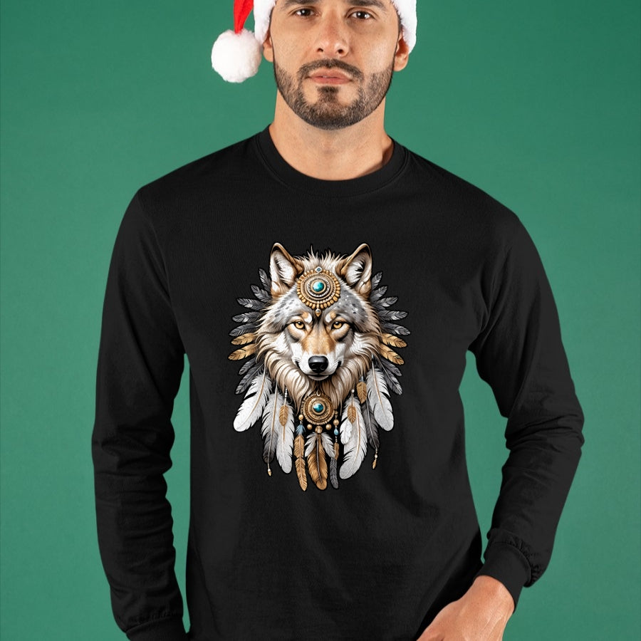 Native American T-Shirts, Vintage Native American Unisex T-Shirt/Hoodie/Sweatshirt HLT00 - Native American Wolf Feather Headdress Hunter Men Women T-Shirt (1)