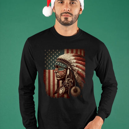 Native American T-Shirts, Vintage Native American Unisex T-Shirt/Hoodie/Sweatshirt HLT00 - Native American Indian Chief American USA Flag T-Shirt (1)