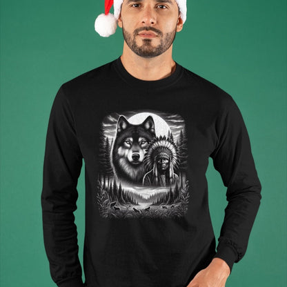 Native American T-Shirts, Vintage Native American Unisex T-Shirt/Hoodie/Sweatshirt HLT00 - Native American Indian and Wolf Feathers Chief Art T-Shirt (1)