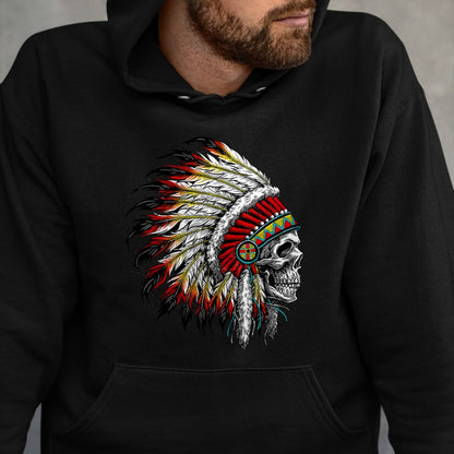 Native American T-Shirts, Vintage Native American Unisex T-Shirt/Hoodie/Sweatshirt HLT00 - Native American Indian Chief Skull Motorcycle Headdress T-Shirt (1)