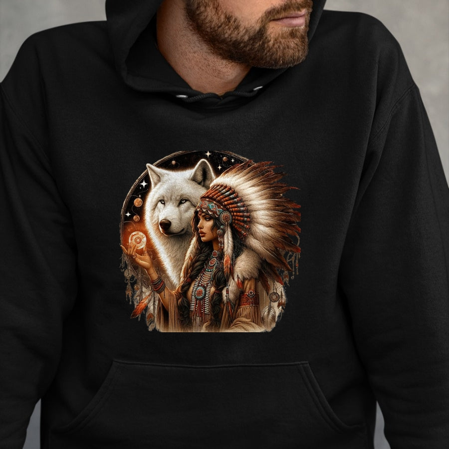 Native American T-Shirts, Vintage Native American Unisex T-Shirt/Hoodie/Sweatshirt HLT00 - Indian Native American Woman With White Wolf Vitage Gifts T-Shirt