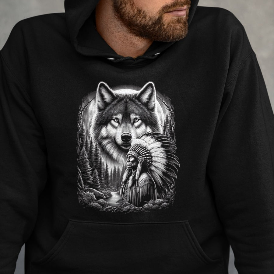Native American T-Shirts, Vintage Native American Unisex T-Shirt/Hoodie/Sweatshirt HLT00 - Native American Indian and Wolf Feathers Chief Art T-Shirt (2)