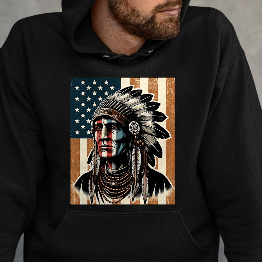 Native American T-Shirts, Vintage Native American Unisex T-Shirt/Hoodie/Sweatshirt HLT00 - Native American Indian Vintage Chief American USA Flag Retro T-Shirt (1)