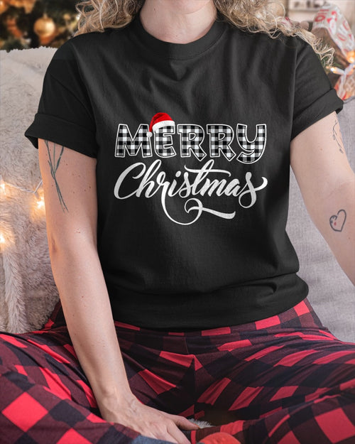 Merry Christmas Buffalo Black and White Plaid for Men Women T-Shirt (SKU-MRCM-14) FMA