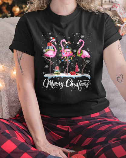 Merry Christmas Hat Santa Flamingo Light Christmas Snow Xmas T-Shirt (SKU-MRCM-19) FMA