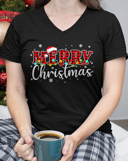 Merry Christmas Buffalo Plaid Red Santa Family Xmas Pajamas T-Shirt (SKU-MRCM-15) FMA