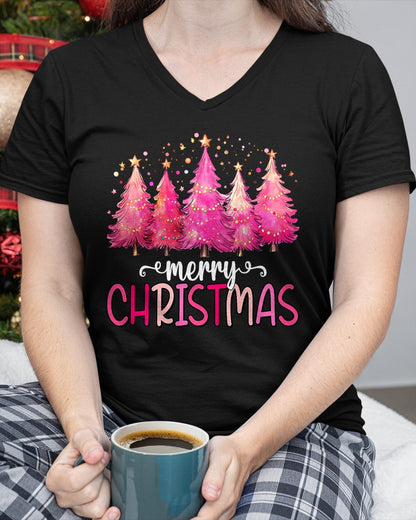 Merry and Bright Pink Christmas Tree Pink Christmas Tree T-Shirt (SKU-MRCM-12) FMA