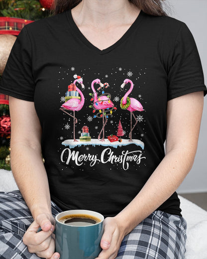 Merry Christmas Hat Santa Flamingo Light Christmas Snow Xmas T-Shirt (SKU-MRCM-19) FMA