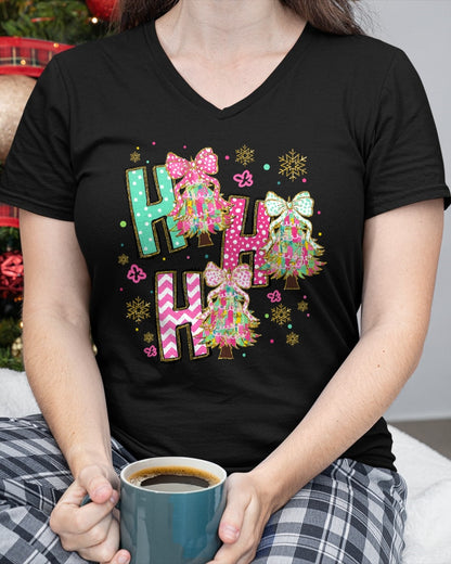 HO HO HO Merry Christmas Coquette Bow Xmas Trees Holiday T-Shirt (SKU-MRCM-11) FMA