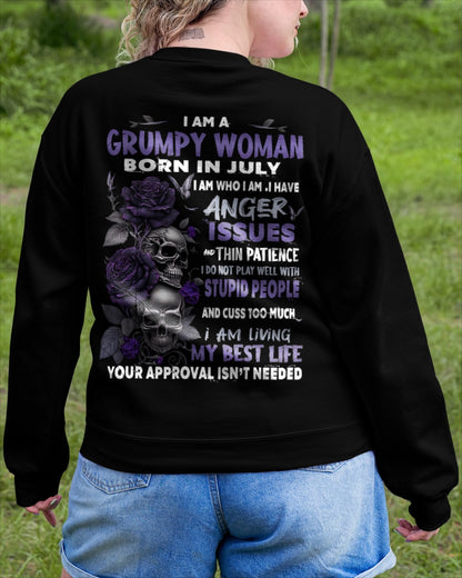 Grumpy Woman Born in July T-Shirt – Funny Skull & Rose Graphic Tee with Quotes - ccdi07 FMA (SKU10-08-07)