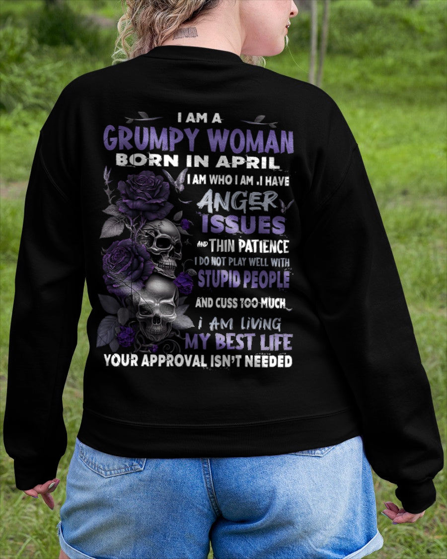 Grumpy Woman Born in April T-Shirt – Funny Skull & Rose Graphic Tee with Quotes - ccdi04 FMA (SKU10-08-04)