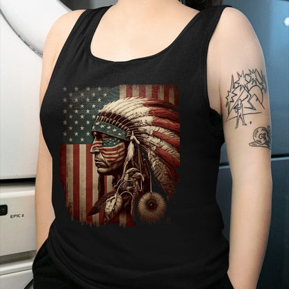 Native American T-Shirts, Vintage Native American Unisex T-Shirt/Hoodie/Sweatshirt HLT00 - Native American Indian Chief American USA Flag T-Shirt (1)