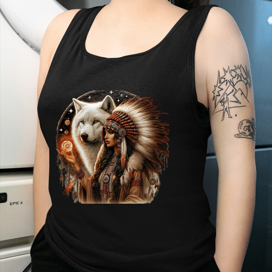 Native American T-Shirts, Vintage Native American Unisex T-Shirt/Hoodie/Sweatshirt HLT00 - Indian Native American Woman With White Wolf Vitage Gifts T-Shirt